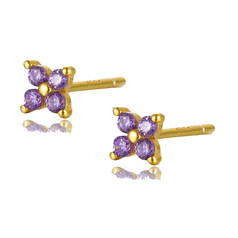 WANTME 925 Sterling Silver Romantic Color Zircon Three-petal Flower Stud Earrings for Women Fashion Huggies Piercing Jewelry