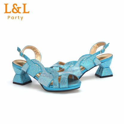 2024 New Arrival Shoes Matching Bag Set in Sky Blue Special Heels Sandals Decorated with Crystal For Ladies Wedding Party