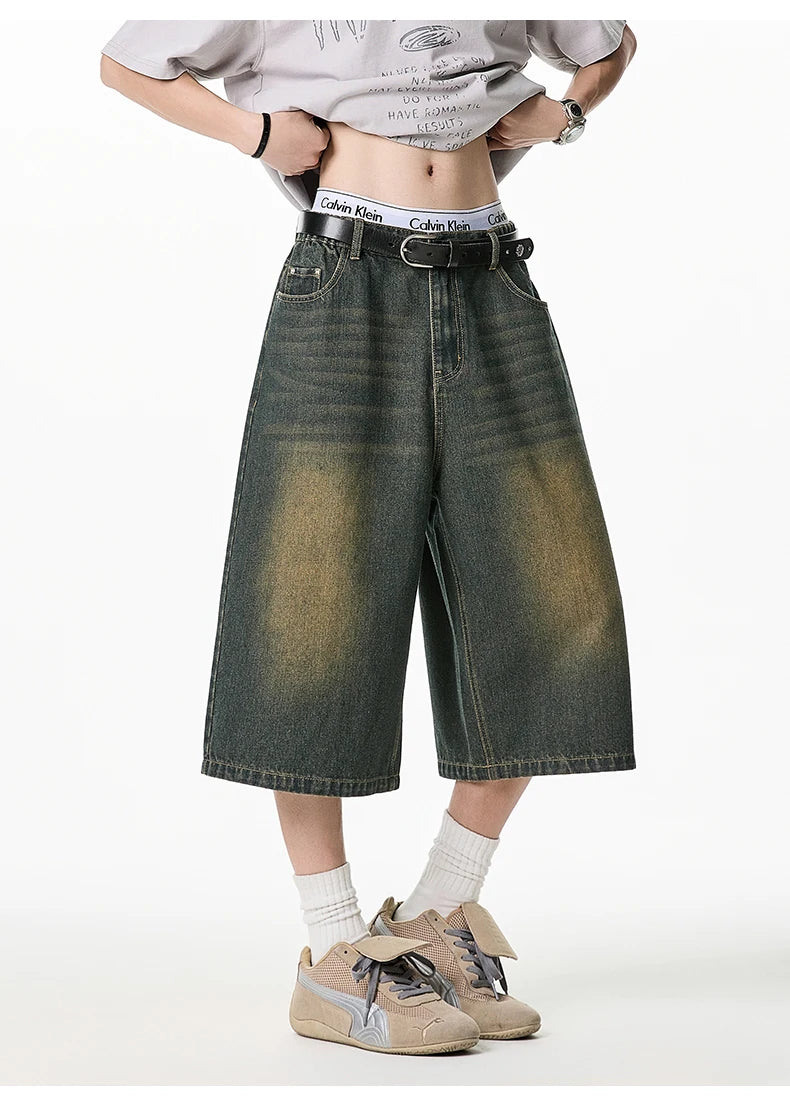 2025 Summer Men's Wide Leg Jeans Shorts Vintage Distressed Wash Y2K Straight Elastic Waist Loose Casual Relaxed Fit