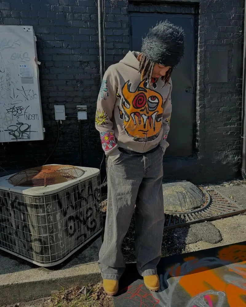 American Gothic trendy letter pattern printed oversized hoodie men's Y2K fashion Harajuku