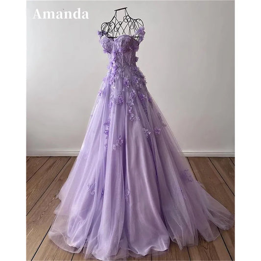 3D Flower Sweet A-line Tulle Evening Dress Purple Prom Dress