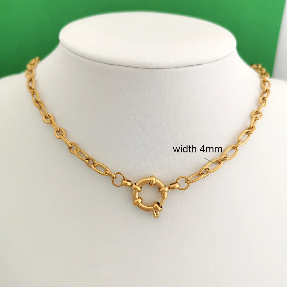 QMHJE Spring Sailor Clasp Necklace Women Men Choker Stainless Steel Geometric Paperclip Link Chain Rolo PVD Gold Color Wholesale