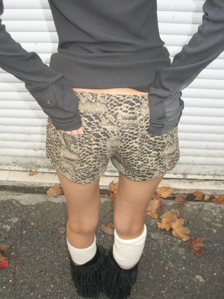 HOUZHOU Vintage Leopard Printed Denim Shorts Women Sexy Y2k Low Waist Gyaru Streetwear Summer 2024 Grunge Female Short Jeans