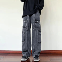 Men Cargo Jeans Wide Leg Pants Multiple Pockets Baggy Denim Trousers Hip Hop