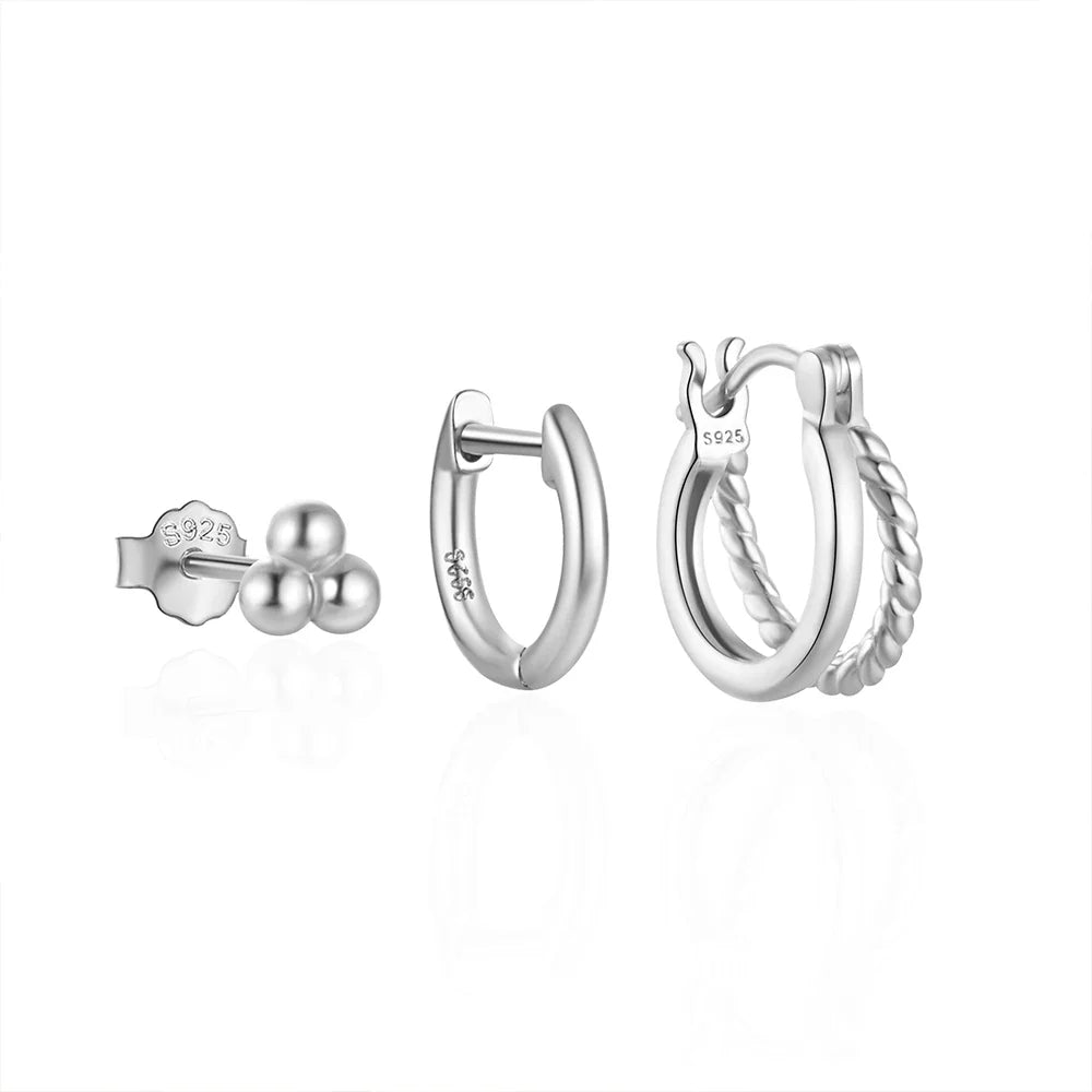 CANNER 925 Sterling Silver 3PCS Zircon Double Layer Hoop Earrings For Women Minimalism Ins Earrings Fine Jewelry Party Gift