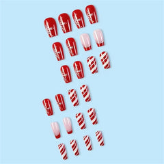 24pcs Glossy Short Ballet Fake Nails Christmas Red Press On Nails With White Snowflake Stripe Design Glitter French False Nails*