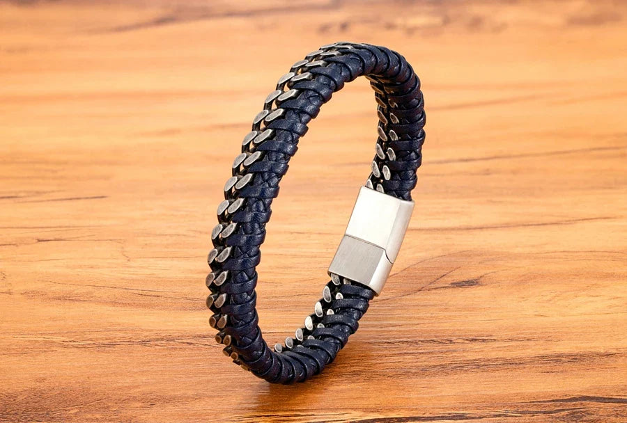 TYO New Fashion Stainless Steel Double Chain Braid Leather Mens Bracelet with Magnetic Buckle Best Gifts Whoesale Dropshipping