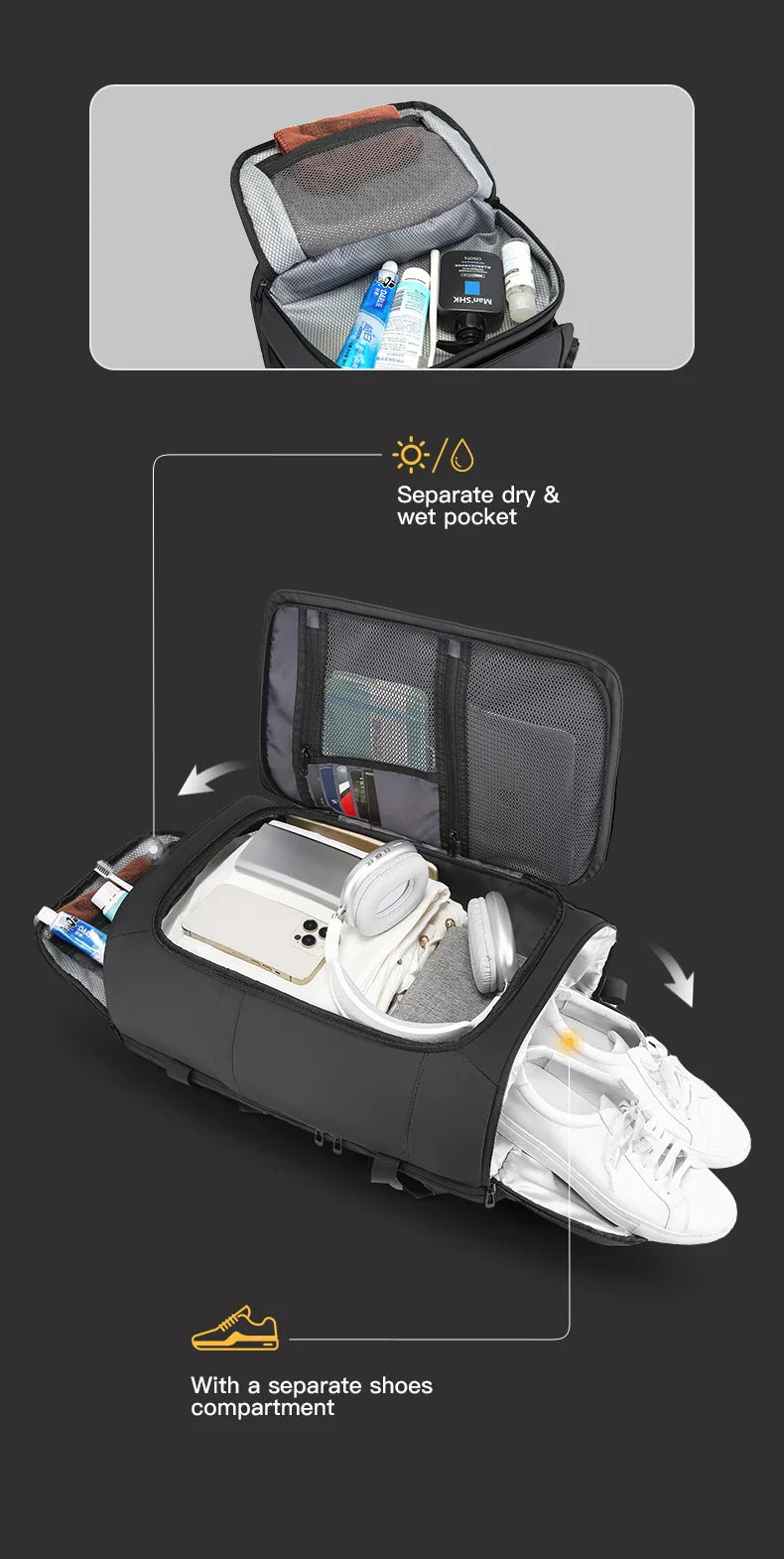 BANGE Multi New Men Backpack Sports Travel Business Large Capacity Dry and Wet Separation Outdoor Hiking with Shoe Compartments
