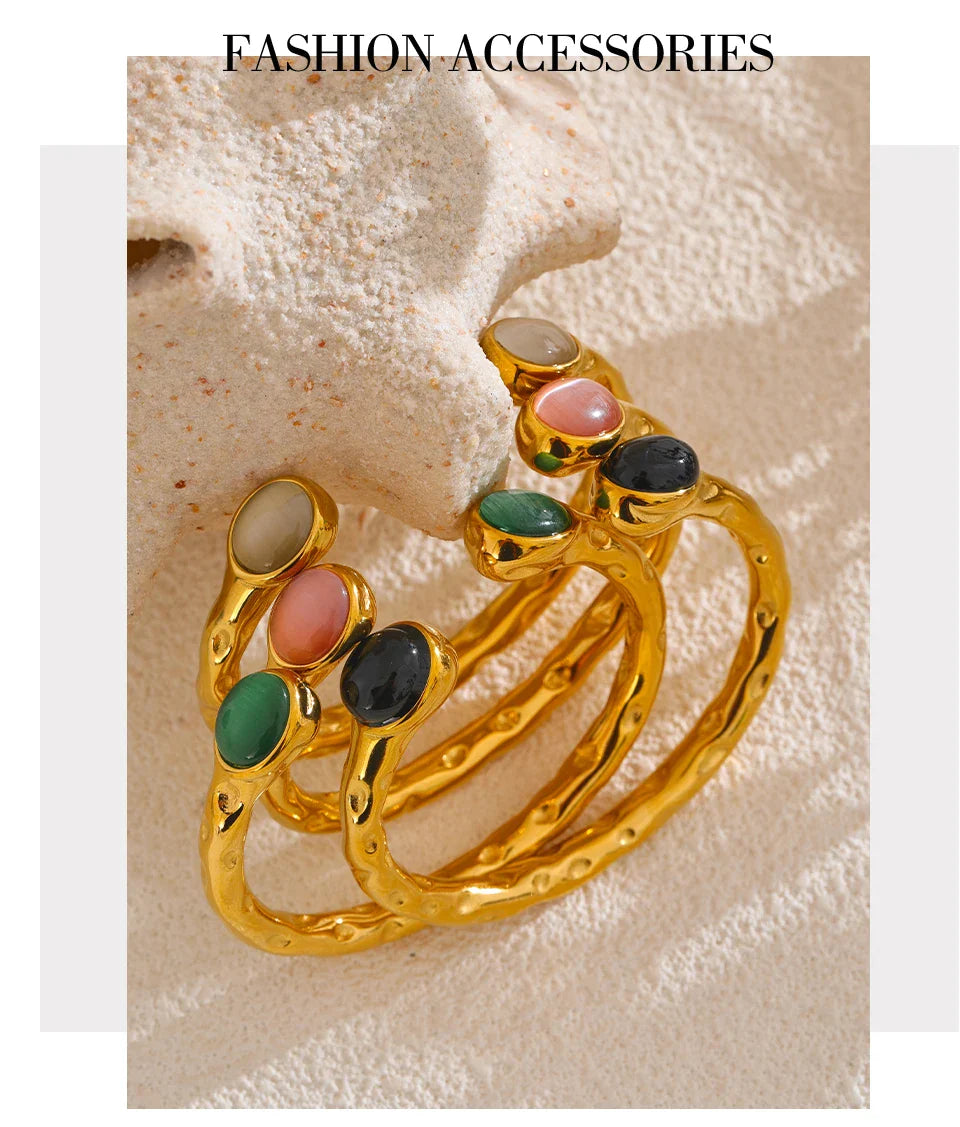 Yhpup 62mm High Quality Stainless Steel Multicolored Natural Stone Golden Cuff Open Bracelet Bangle Water Resistant Jewelry