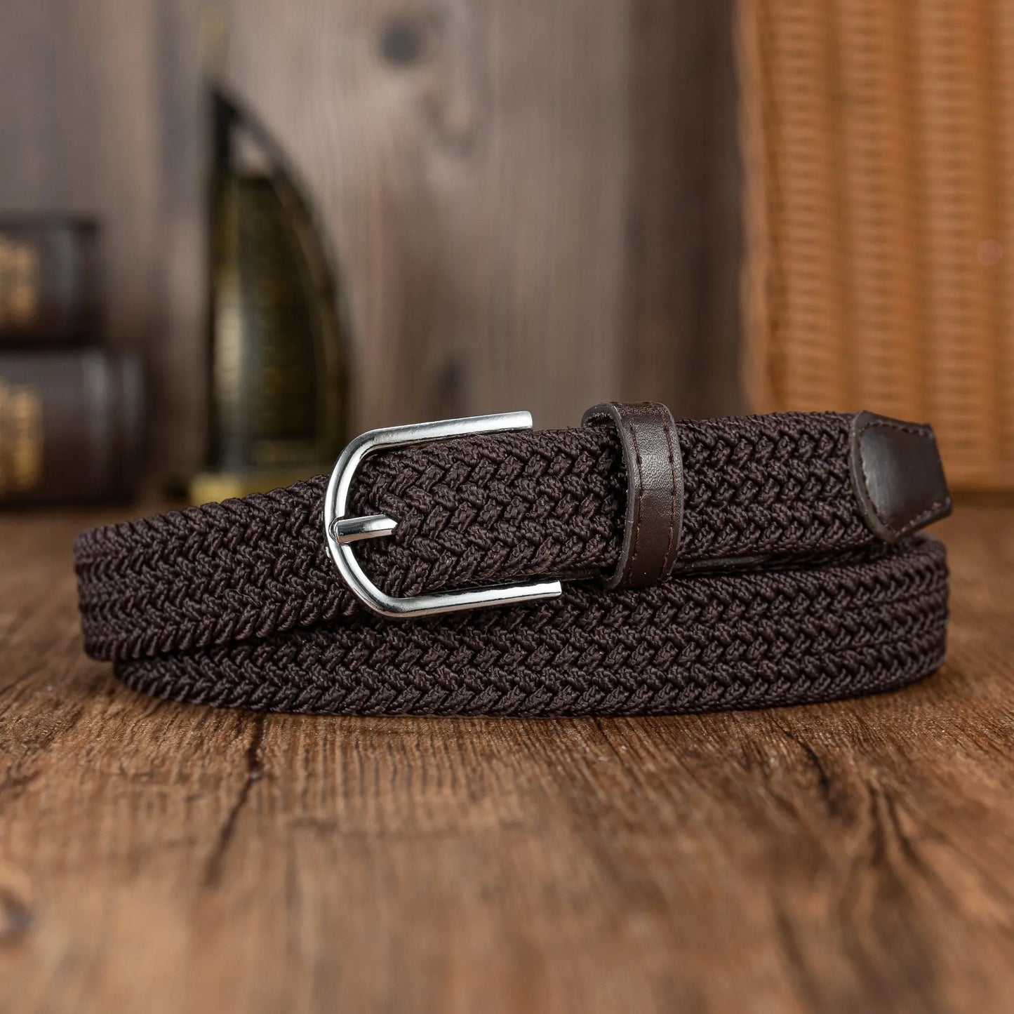 Woven elastic holeless needle buckle belt fashion belt