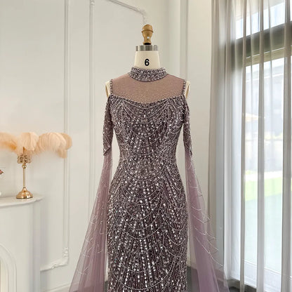 Sharon Said Sage Green Mermaid Luxury Dubai Evening Dress with Cape Sleeves Elegant Women Purple Wedding Formal Party Gown SS205