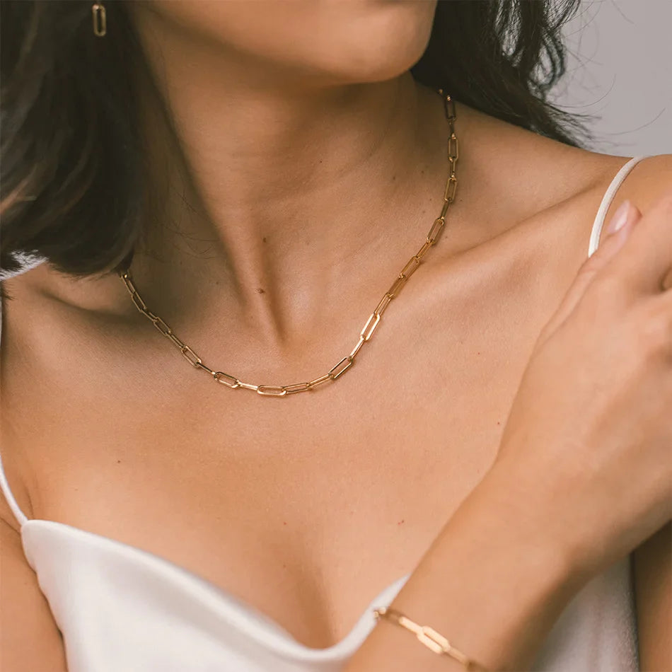 eManco  Hot Fashion Paperclip Link Chain Women Necklace Stainless Steel Gold Color Chain Necklace For Women Men Jewelry Gift
