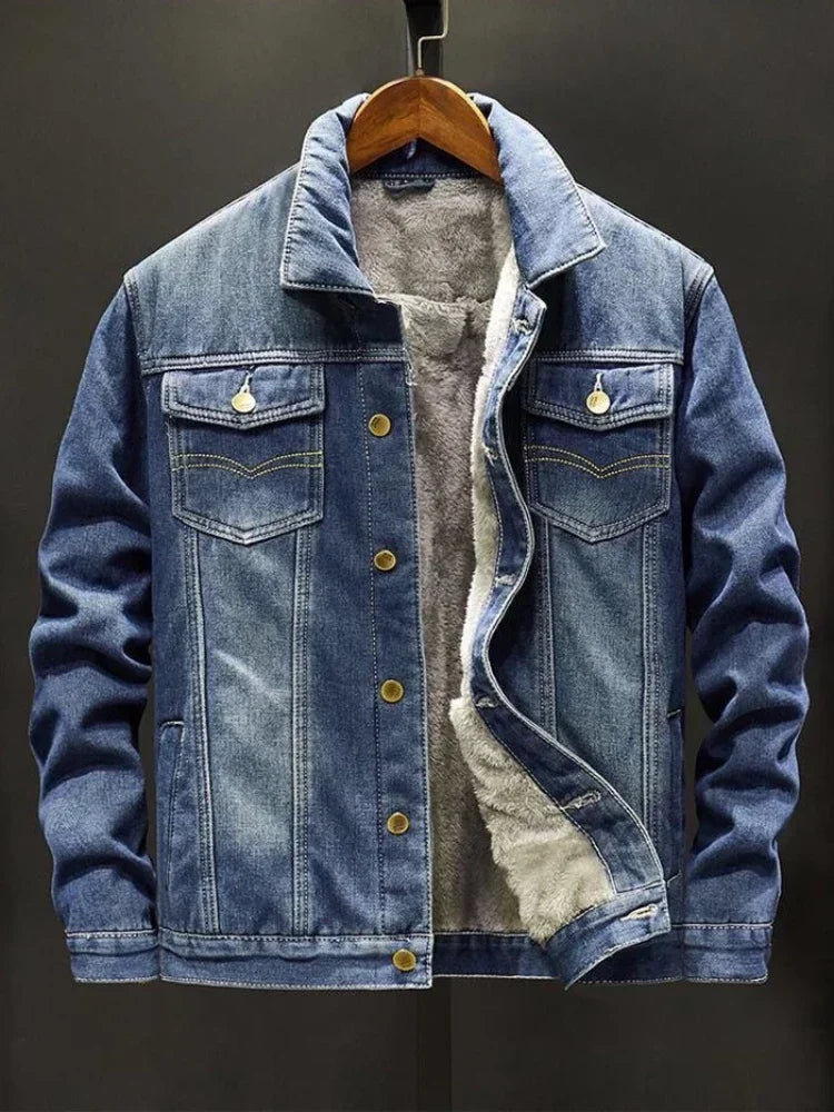 Denim Jackets Man Black Jeans Coat for Men Padded Wool with Sheep Button