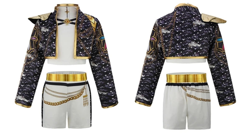 Girls' 3-piece Song Stage Shining Performance Set Halloween Dance Party Cool Girl Korean Casual Clothing Cartoon Pattern Jacket