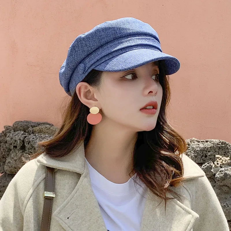 Fashion Solid Visor Military Hat spring and Autumn Linen Breathable Beret Cap For Women Retro England Style Flat Cap