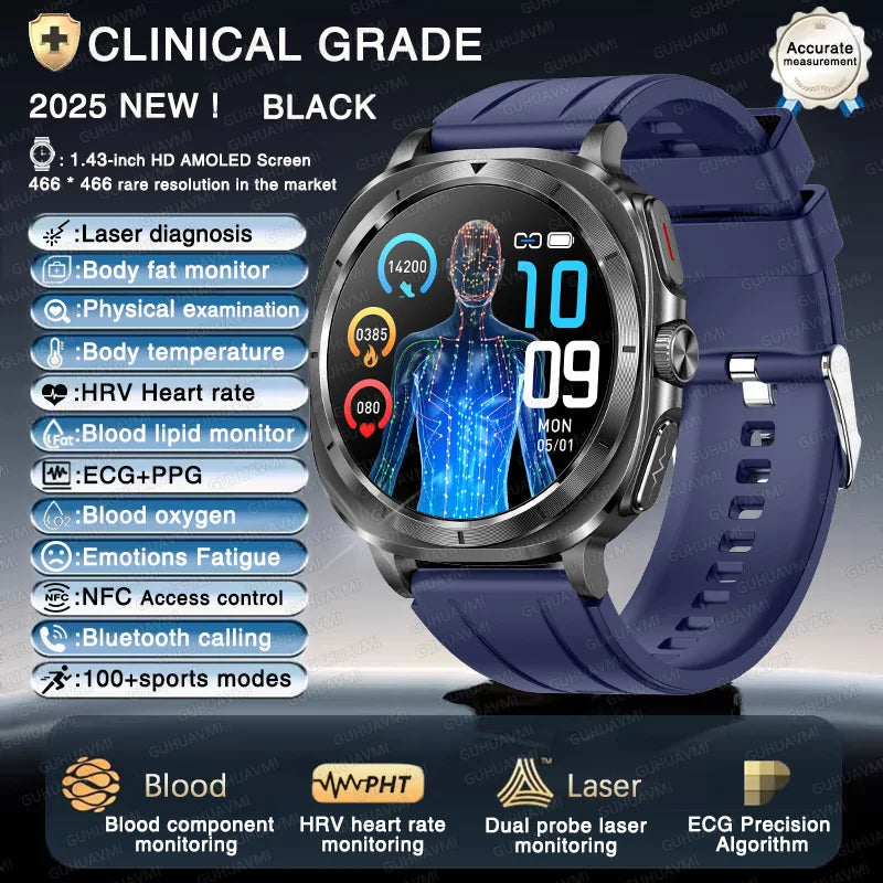 2025 Fashion New Expert level Health Smart Watch Men ECG+PPG Laser Monitor Uric Acid Blood Fat Blood Pressure NFC HD Call Watch