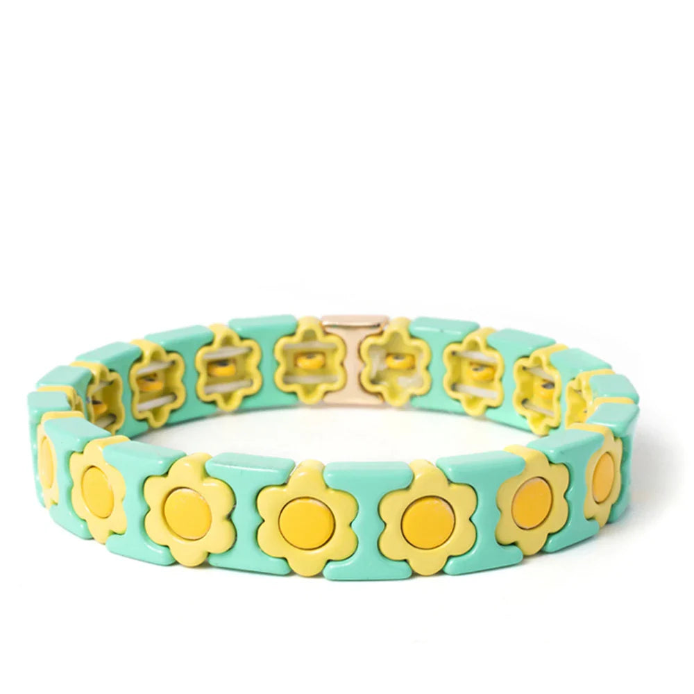 New Design Colorful Flower Charms Bangle For Women Handmade Bohemian Elastic Flower Bracelets Metal Beads Jewelry