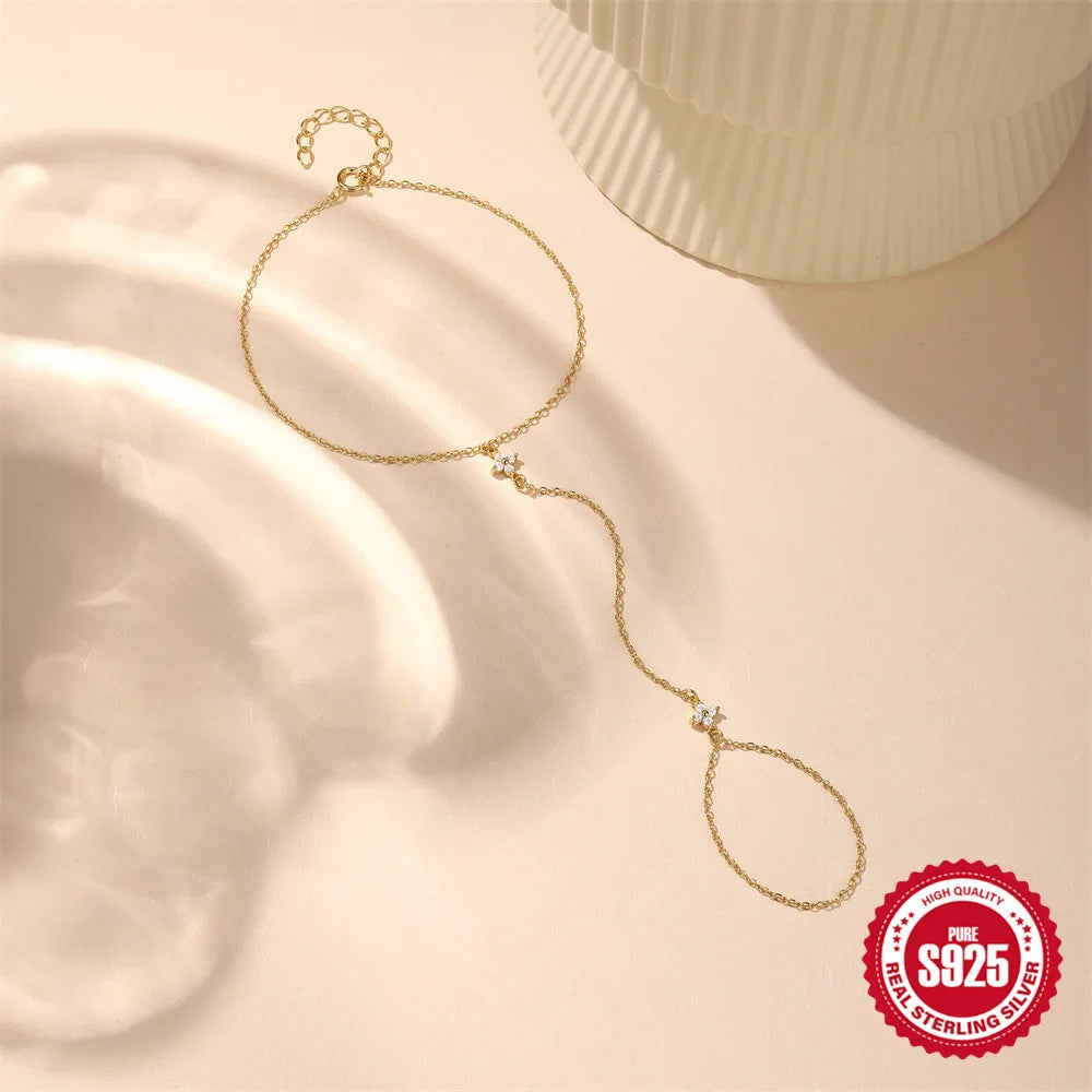 CANNER 925 Sterling Silver Flower Clover CZ Finger Ring Chain Bracelet For Women Ins Hand Chain Horse Eye Jewelry Party Gift