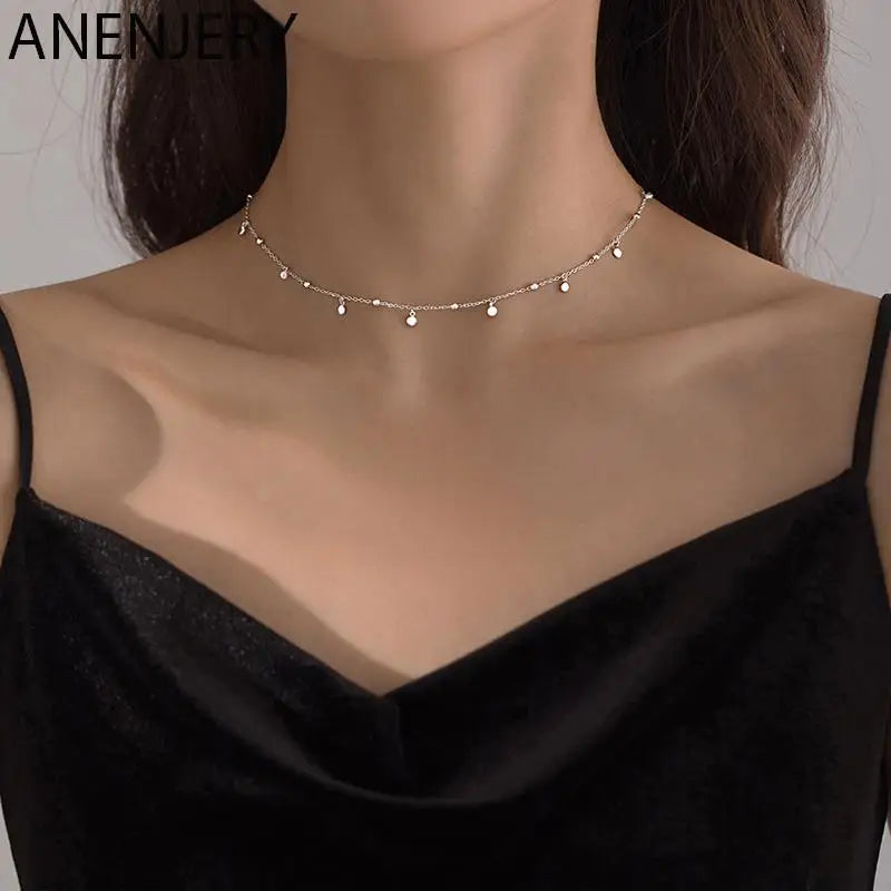ANENJERY Delicate Jewelry Round Bead Discs Choker Necklace for Women Party Clavicle Chain Necklace Gifts Wholesale S-N695