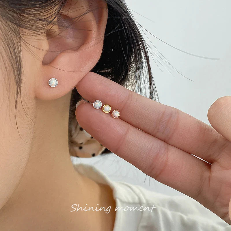 WANTME 925 Sterling Silver Simple Luxury Opal Screw Bead Stud Earrings for Women Fashion Ear Bone Piercing Jewelry Accessories