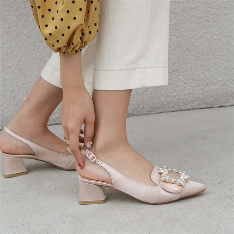 Women Pumps Pointed Toe Slingback Gladiator Sandals Rhinestone Chunky High Heel