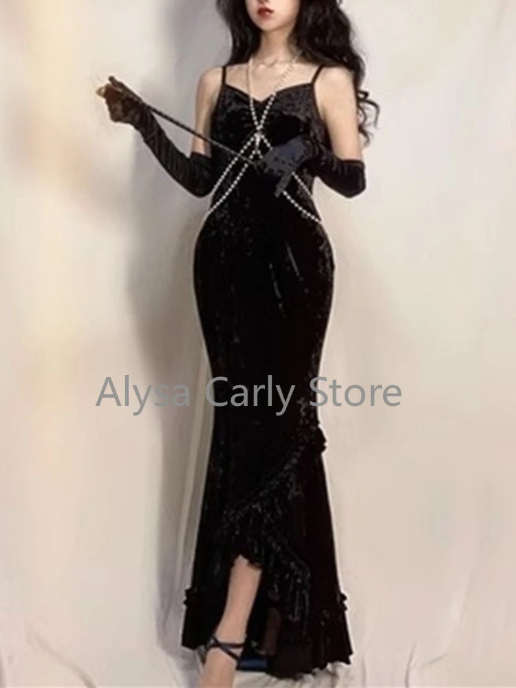 Formal attire Dresses: Velvet Long Dress Women Elegant Slim Spaghetti Strap Folds Dress