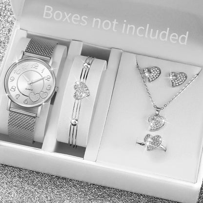 6PCS/Set Fashion Heart Dial Women Watches Plastic Band Quartz Watch Rhinestone Heart Jewelry Set（Without Box）