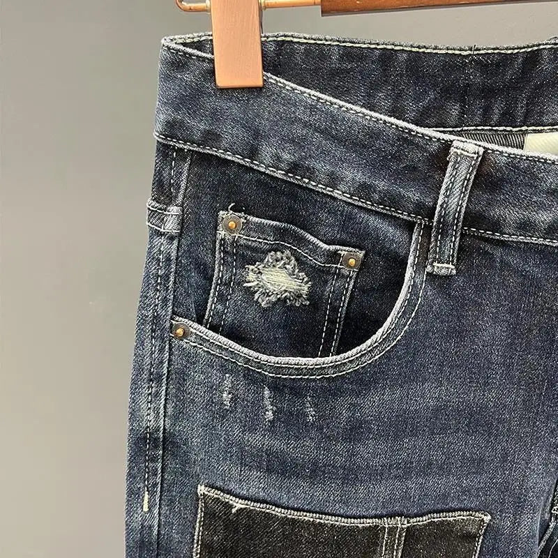 Trousers with Holes Men's Jeans Ripped Torn Man Cowboy Pants Elastic Spliced