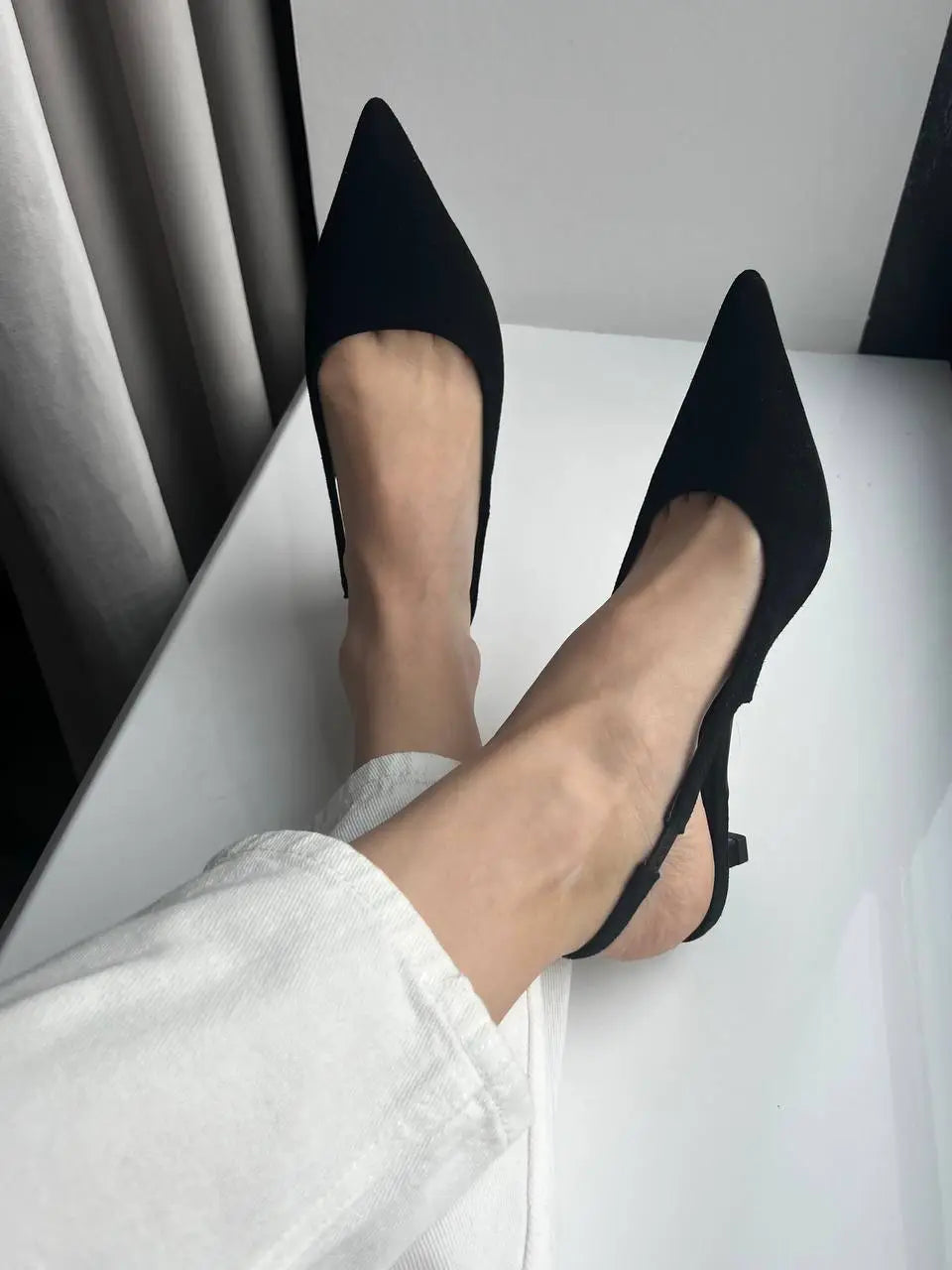 Meotina Women Genuine Leather Slingbacks Pointed Toe Block Mid Heels Pumps Buckle