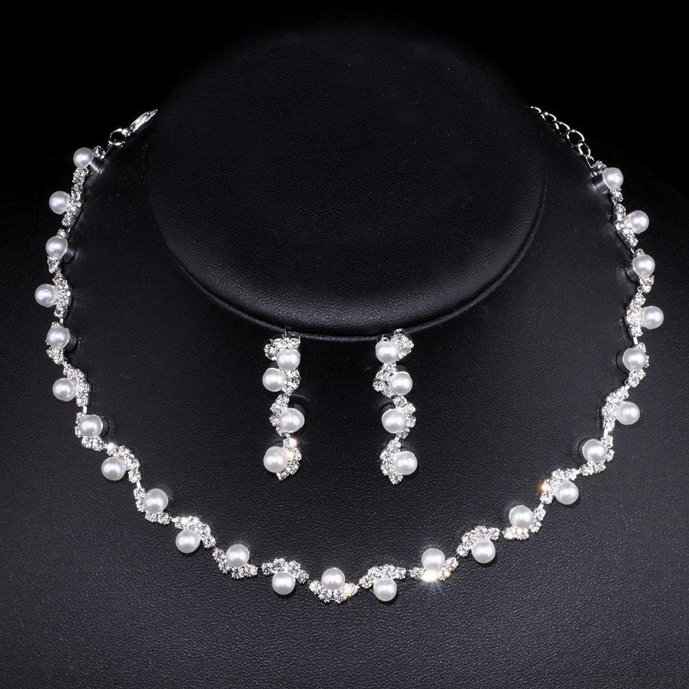 TREAZY Silver Color Pearl Crystal Bridal Jewelry Sets Wave Shape Choker Necklace Earrings Sets for Women Wedding Jewelry Sets