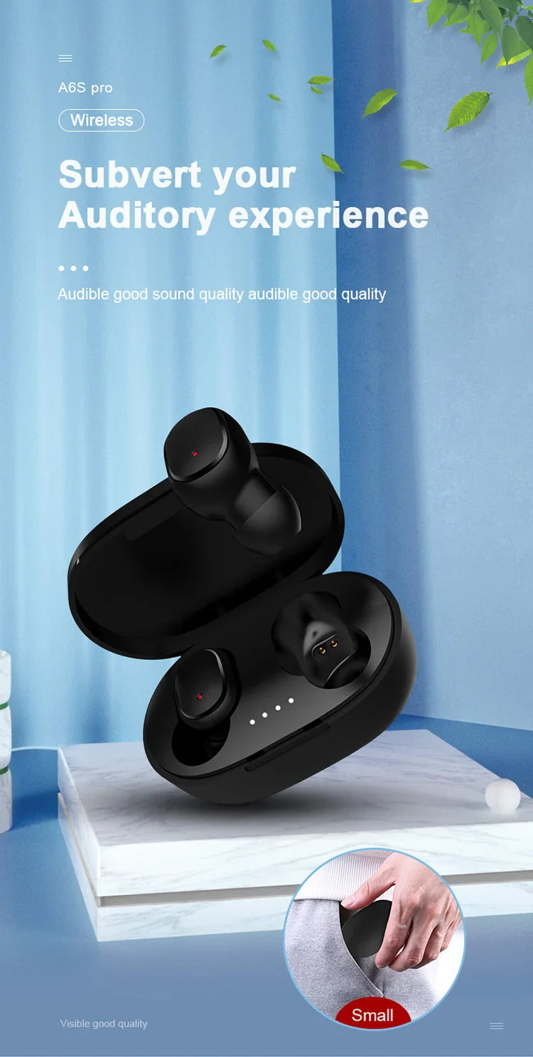 A6S, TWS Wireless Bluetooth Headphone, Stereo Headset, Sports Earbuds, Microphone with Charging Box, Smartphone