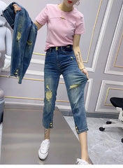 Y2k Plus-size Tencel Seven Quarter Jeans Women's Broken Summer Thin Fat Mm Thin Ice