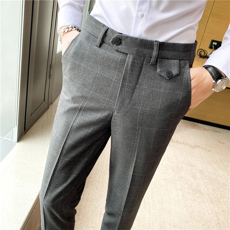 Fashion High Quality Men Suit Pants Straight Spring Autumn Long Male Plaid Classic