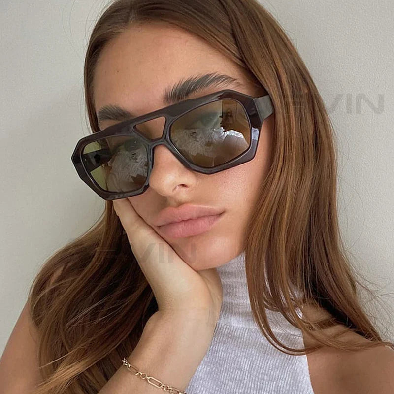 Vintage Square Sunglasses for Women Men Thick Frame Double Bridges Eyewear Female Fashion Chic Polygon Sun Glasses Leopard Blue