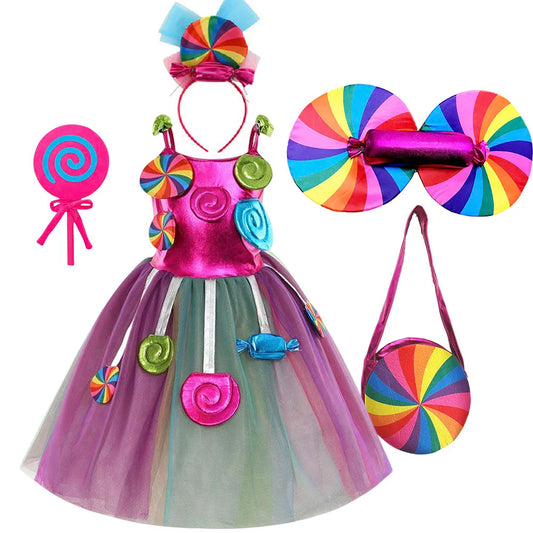 Fancy Carnival Lollipop Fairy Costume Girls Candy Tutu Dress Purim Princess Lollipop Vestidos Kids Birthday Party Rainbow Frocks