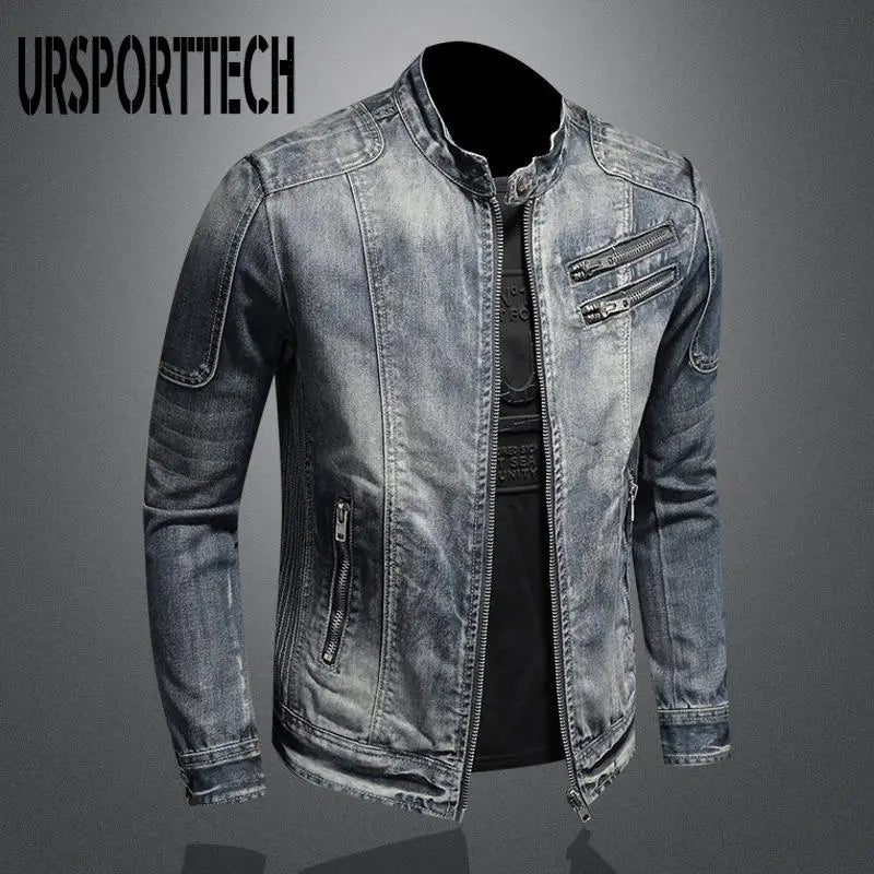 Men's Denim Jacket European and American Casual Retro Stand Collar Zippered Jacket