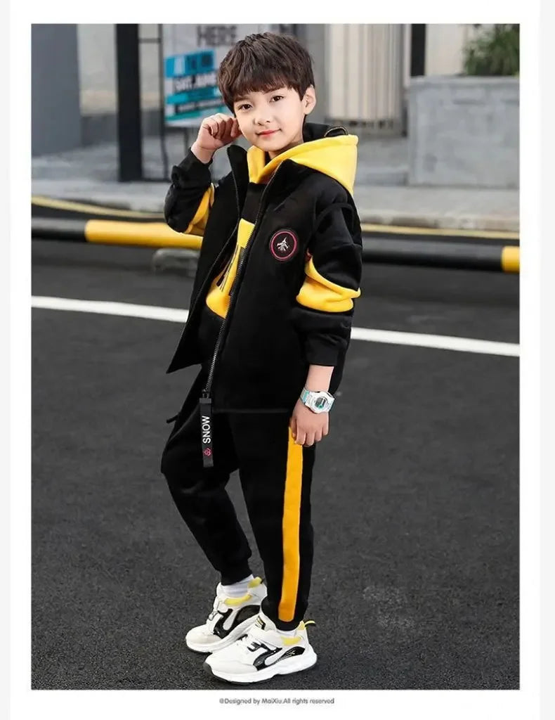 2023 winter Boys tracksuit Autumn Toddler Teenager Clothes vest velvet jacket + Sweatishrt hooded + Pant Children Kids 4 12 year