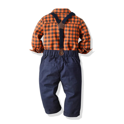 Children's Plaid Shirt and strap pants set for Boys with Bow Tie baby boy clothes 0 to 3Y Autumn Boys Clothes 70-130cm