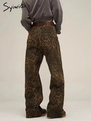 Leopard Print Y2k Jeans Women Oversized Wide Leg Denim Trousers