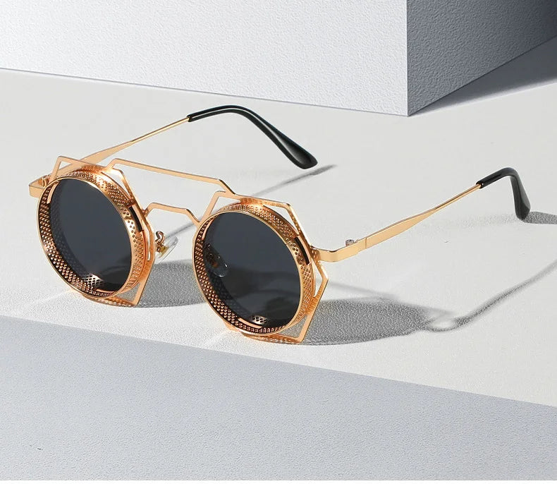 OEC CPO Steampunk Round Sunglasses Women Men 2023 Metal Mesh Personality Sun Glasses Female Eyewear Goggle UV400 Shades Oculos