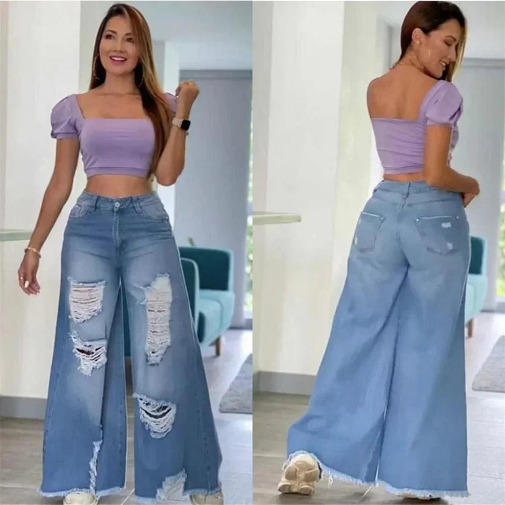 Straight Pants Ladies Ripped Jeans High Waist Loose Wide Leg Pants
