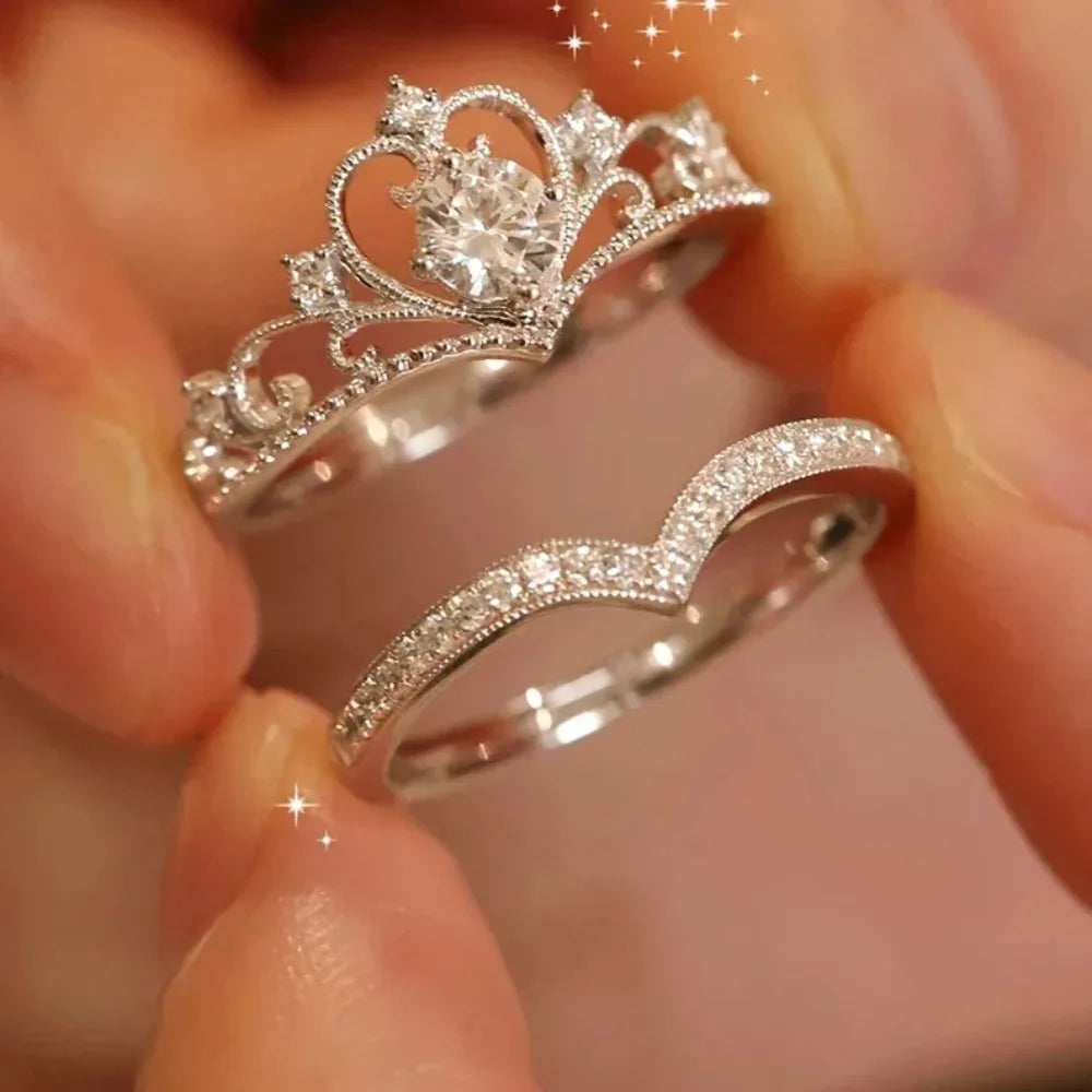 Stainless Steel Crystal Crown Adjustable Ring Irregular Geometry Vintage Rings Set for Women Girls New Fashion Jewelry Gift