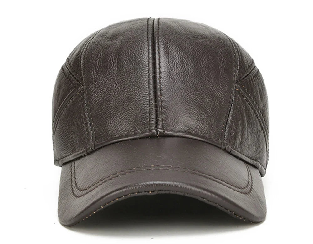 New Style Casual Real Leather Earflap Cap Men Real Cowhide Leather Caps Male Fall Winter Genuine Real Cow Leather Baseball Hats