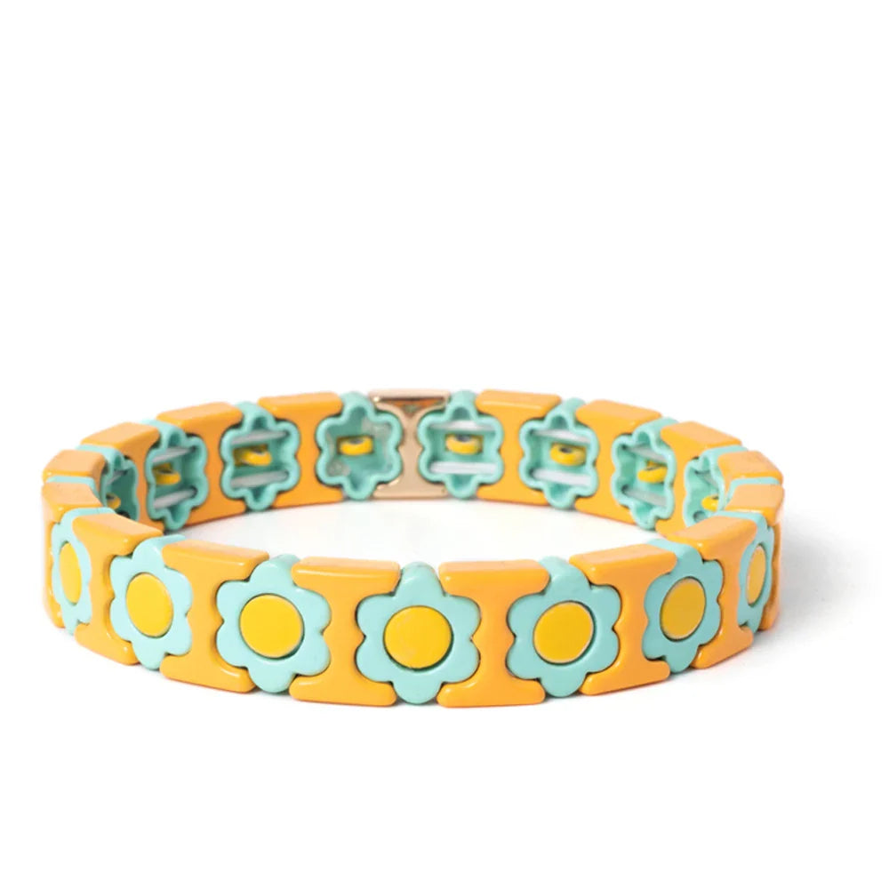 New Design Colorful Flower Charms Bangle For Women Handmade Bohemian Elastic Flower Bracelets Metal Beads Jewelry