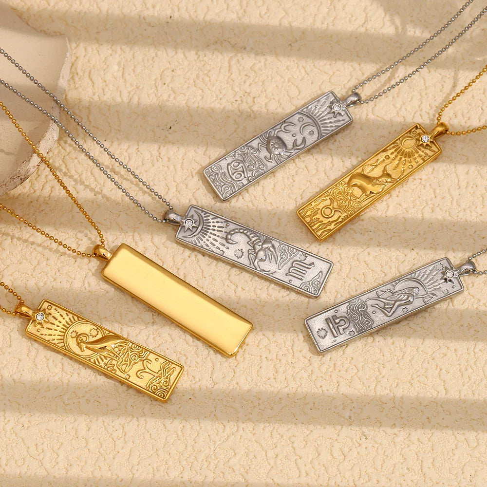 E.B.belle 18k Gold Plated Rectangle Shape 12 Constellation Pendant Necklace Stainless Steel Waterproof Fashion Women's Jewelry