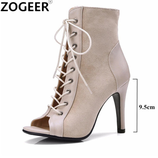 Black Summer High Heels Ankle Boots For Women Spring Peep Toe Lace Up