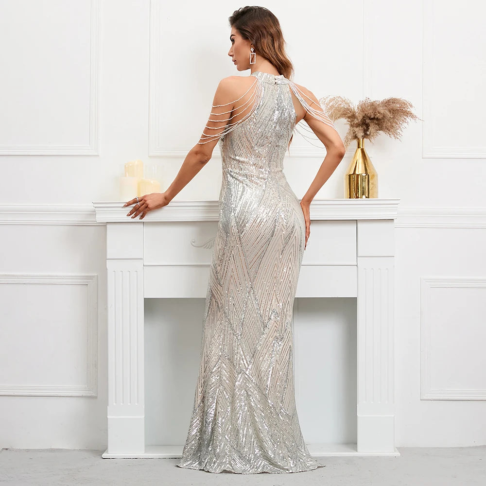 Homecoming Dresses: Off Shoulder Silver Sequin Evening Dress Women Party Maxi Dress