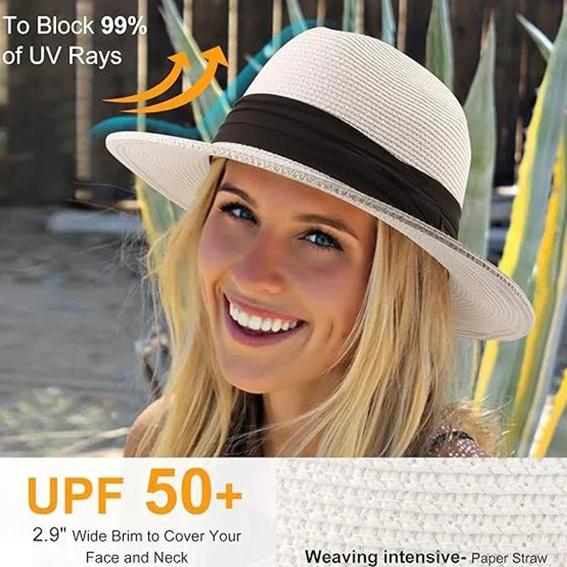 Big Size XL 63cm Travel Panama Jazz Straw Hat Summer Sun Hats for Women Men Wedding  Wide Brim Fedora Straw Beach Hat UV UPF 50+