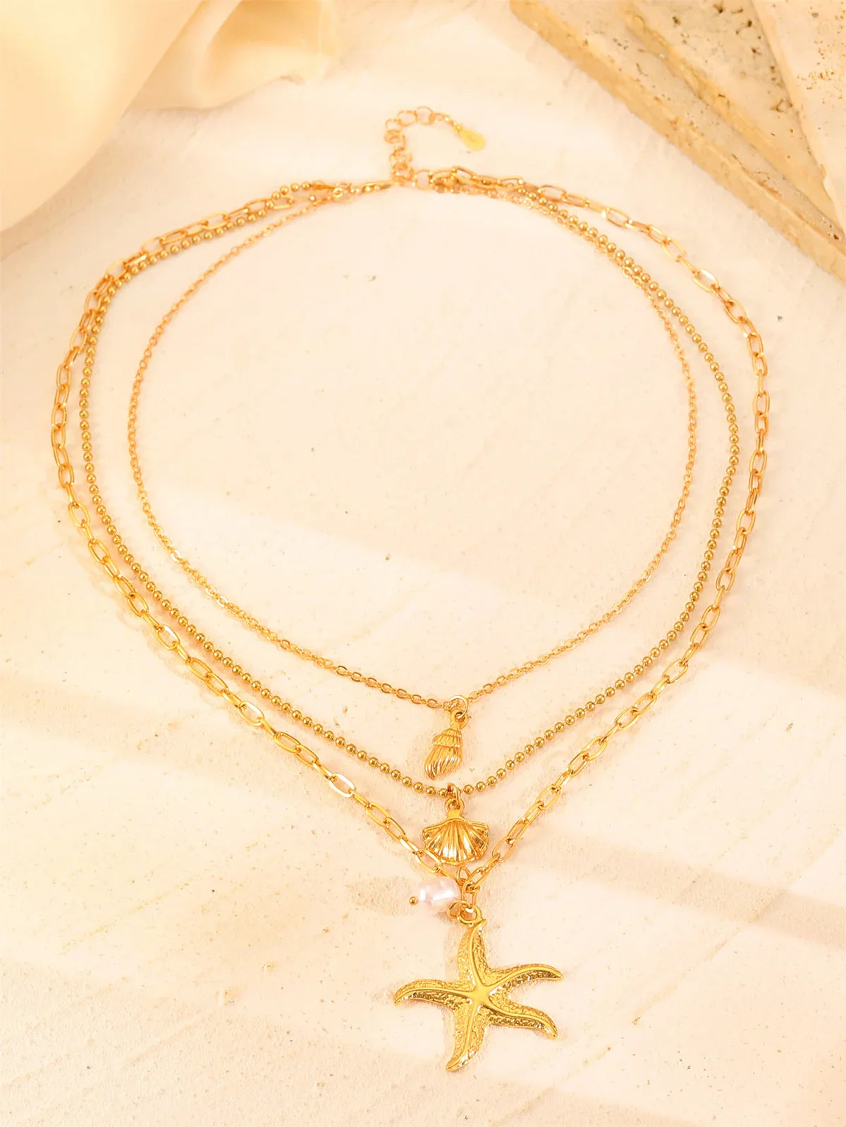 Women's 316L Stainless Steel Starfish Conch Shell Pearl Pendant Necklace 3-in-1 Choker Chain Jewelry Gift