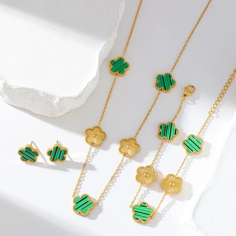 Stainless Steel White Plum Blossom Plant Leaf Flower Set Reversible Necklace Earrings Bracelet Women Clover Jewelry